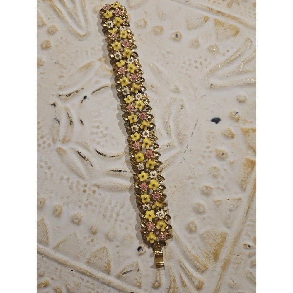 Rare Vintage Monet Signed Enamel Flower Bracelet Rhinestones